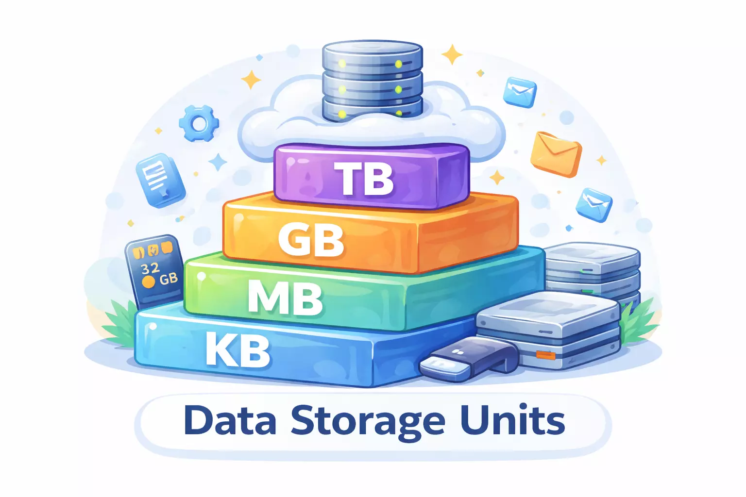 Data storage units explained showing KB MB GB and TB hierarchy for digital storage