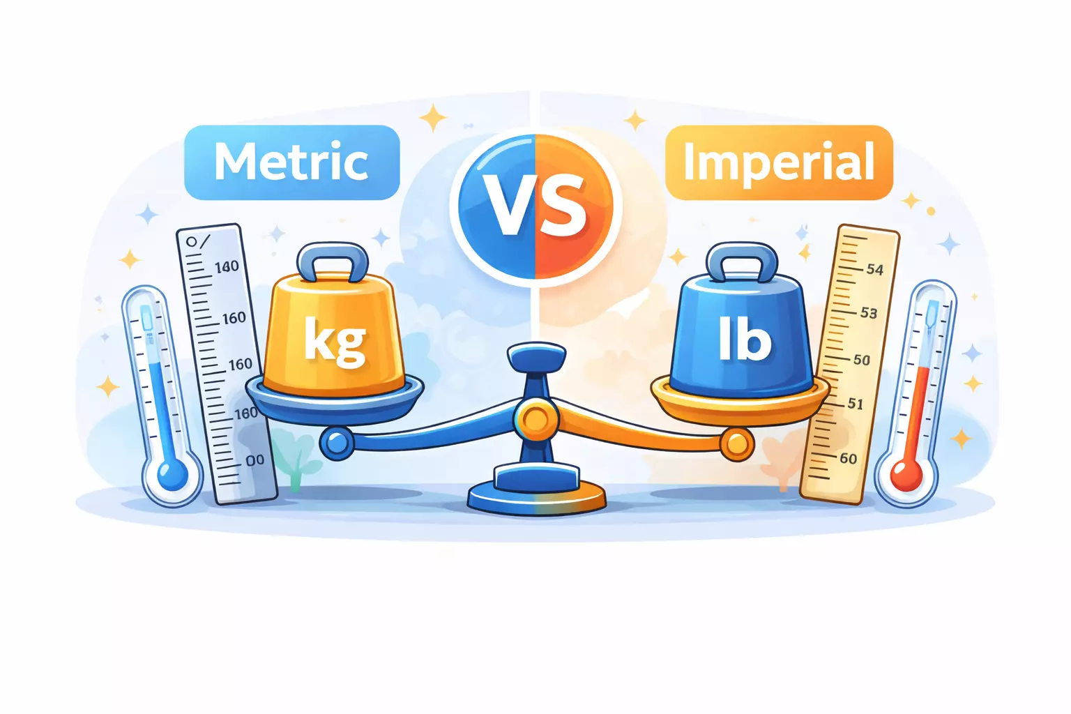 Metric vs Imperial units comparison showing kilograms vs pounds and centimeters vs inches