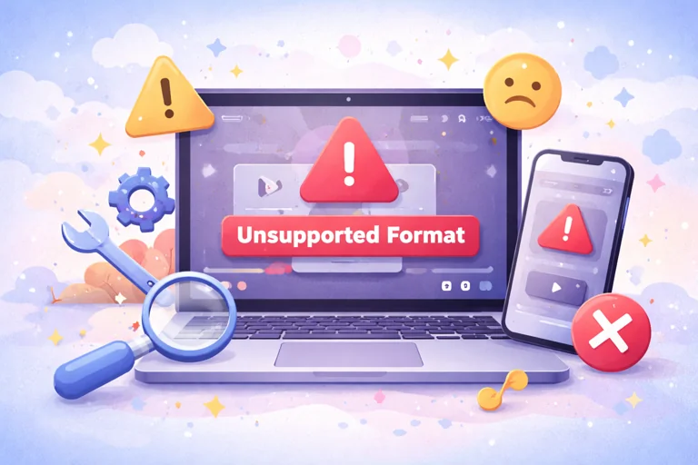 Video playback error illustration showing unsupported video format